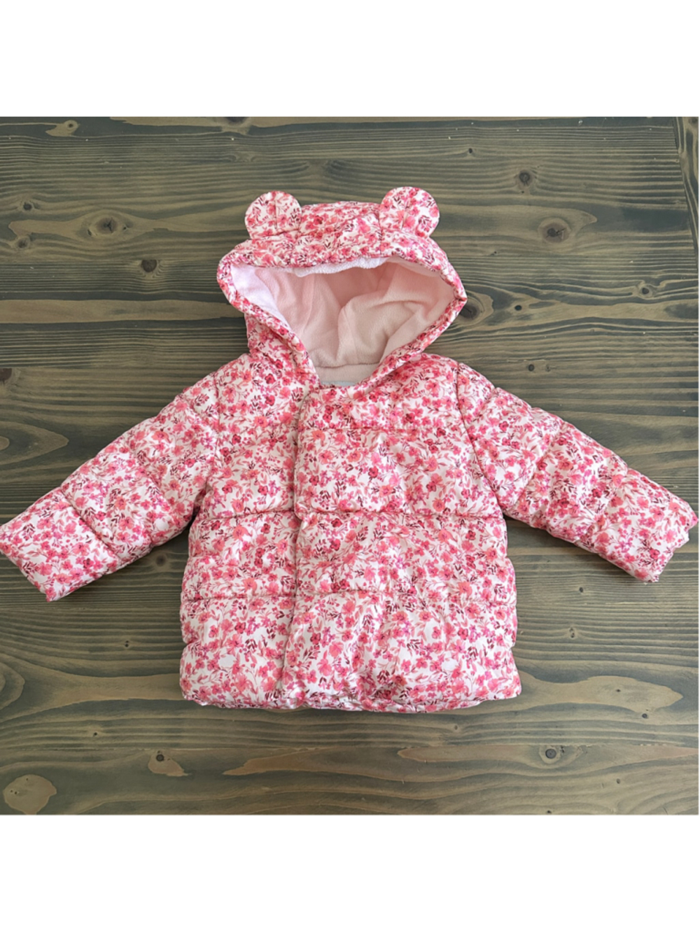 Old Navy Baby Girls 12-18M Floral Puffer Jacket Pink White Bear Ear Hood